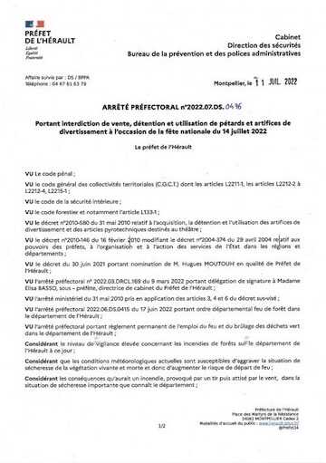 Arrêté préfectoral « … interdiction de vente, détention et utilisation de pétards et artifice à l’occasion de la fête nationale du 14 juillet 2022