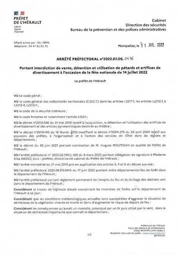 Arrêté préfectoral « … interdiction de vente, détention et utilisation de pétards et artifice à l’occasion de la fête nationale du 14 juillet 2022