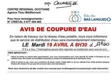 Avis coupure d’eau – mardi 19 avril – 8h30 à 17h00 – Imp La Canabière