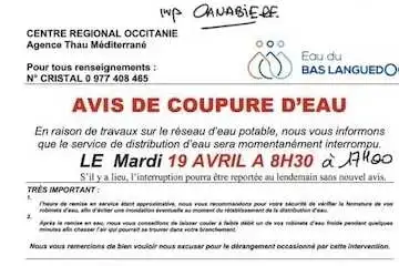 Avis coupure d’eau – mardi 19 avril – 8h30 à 17h00 – Imp La Canabière