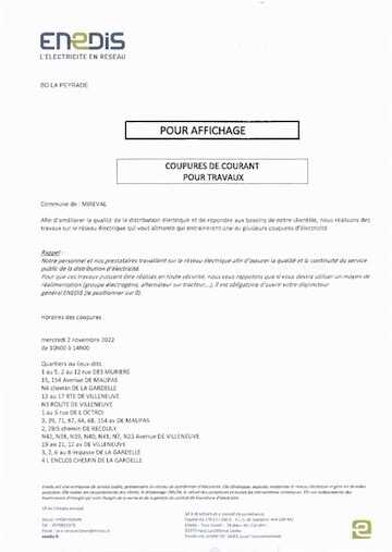 Avis coupure de courant – mercredi 02 novembre – de 10h à 14h / certains quartiers